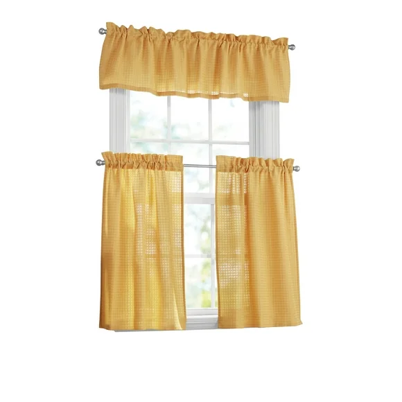 Mainstays Waffle Weave Tiers and Valance 36" 3-piece Set, Golden Curry, BCI Cotton, Polyester