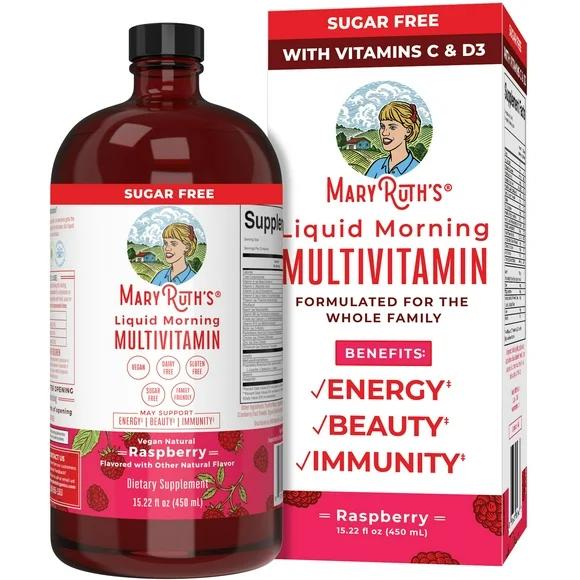 MaryRuth Organics | Liquid Multivitamin for Adults & Kids | Complete Daily Vitamins | Vegan Supplement | No Added Sugar | Raspberry | 15.22 fl oz / 450 ml
