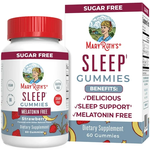 MaryRuth Organics Sleep Gummies | Melatonin Free | L Theanine, Lemon Balm, Chamomile, Vitamin B6 | Relaxation & Sleep Support for Adult | Strawberry | Vegan Non-Gmo | 60 Count