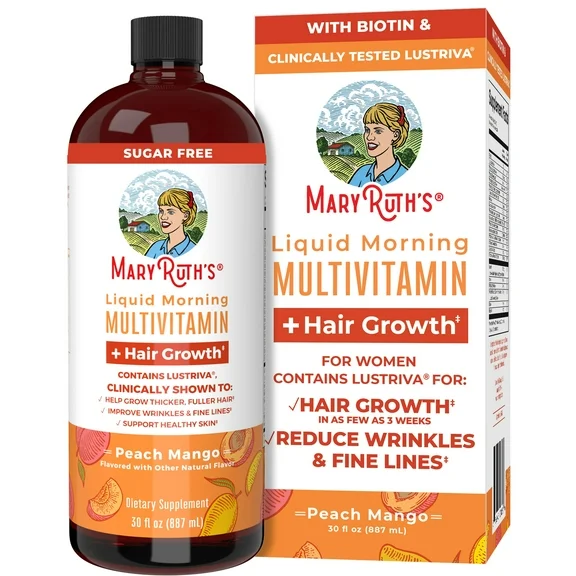 MaryRuth's | Liquid Morning Multivitamin + Lustriva | For adult women's Hair Growth, Skin Health | Peach Mango | Vegan | 30 fl oz