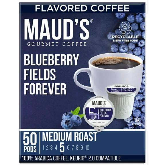 Maud's Blueberry Coffee Pods, Blueberry Fields Forever, Compatible w/ K-Cup Brewers, 50ct