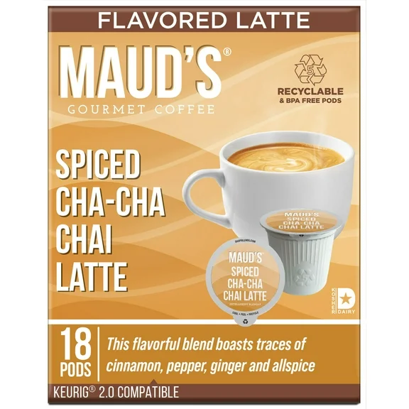 Maud's Chai Tea Latte Pods, Spiced Cha-Cha-Chai Latte, Compatible w/ K-Cup Brewers, 18ct