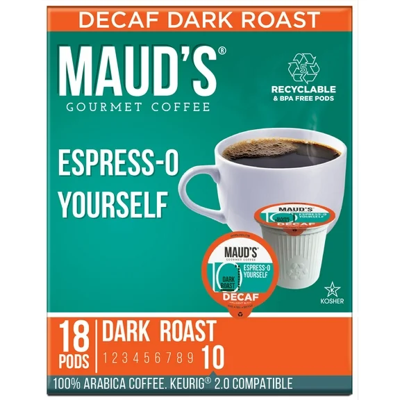 Maud's Decaf Espresso Coffee Pods, Decaf Espress-O Yourself, Compatible w/ K-Cup Brewers, 18ct