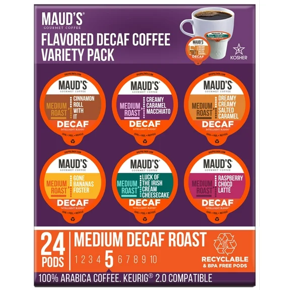 Maud's Flavored Decaf Coffee Pods Sampler Variety Pack, Compatible w/ K-Cup Brewers, 24ct