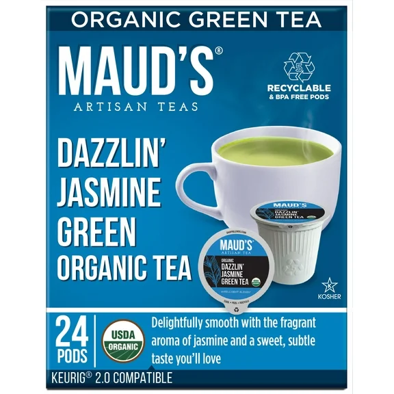 Maud's Organic Jasmine Green Tea Pods, Dazzlin' Jasmine, Compatible w/ K-Cup Brewers, 24ct
