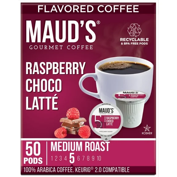 Maud's Raspberry Chocolate Coffee Pods, Raspberry Choco Latte, Compatible w/ K-Cup Brewers, 50ct