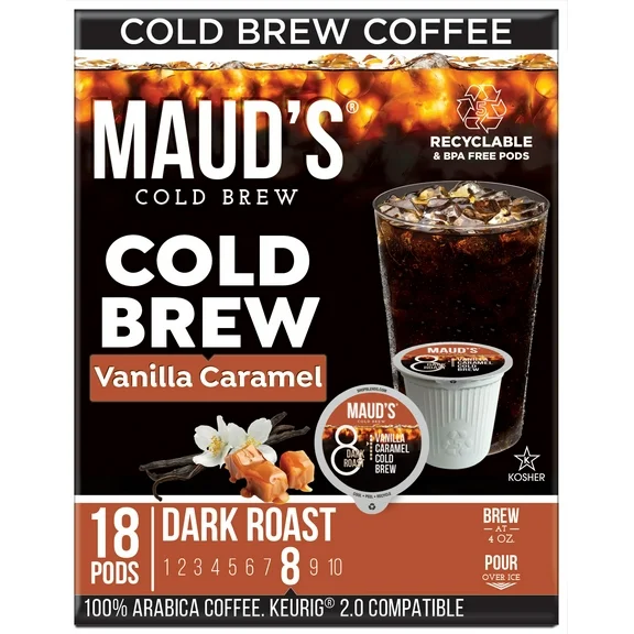 Maud's Vanilla Caramel Cold Brew Coffee Pods, Caramelizilla, Compatible w/ K-Cup Brewers, 18ct