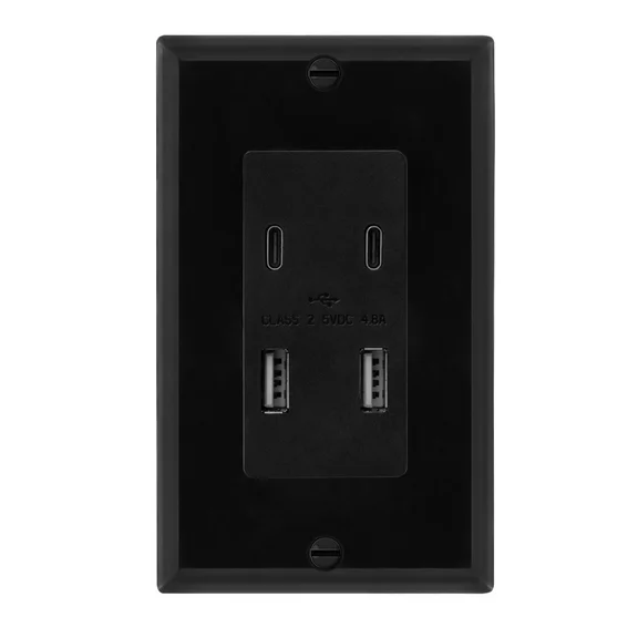 Maxxima USB Receptacle Outlet - 4.8A USB C/A High Speed 4 USB Wall Charger Ports, Vertical Multi-Plug Socket, Electrical AC Replacement, Outlet Wall Plate Included - Black