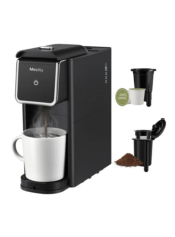 Mecity Mini Coffee Maker - Single Serve, Instant Brewing for K-Cup Coffee Capsules, Ground Coffee & Loose Tea. 6 to 12 Oz Brew Sizes, Capsule Coffee Machine with Water Window and Descaling Mode -Black