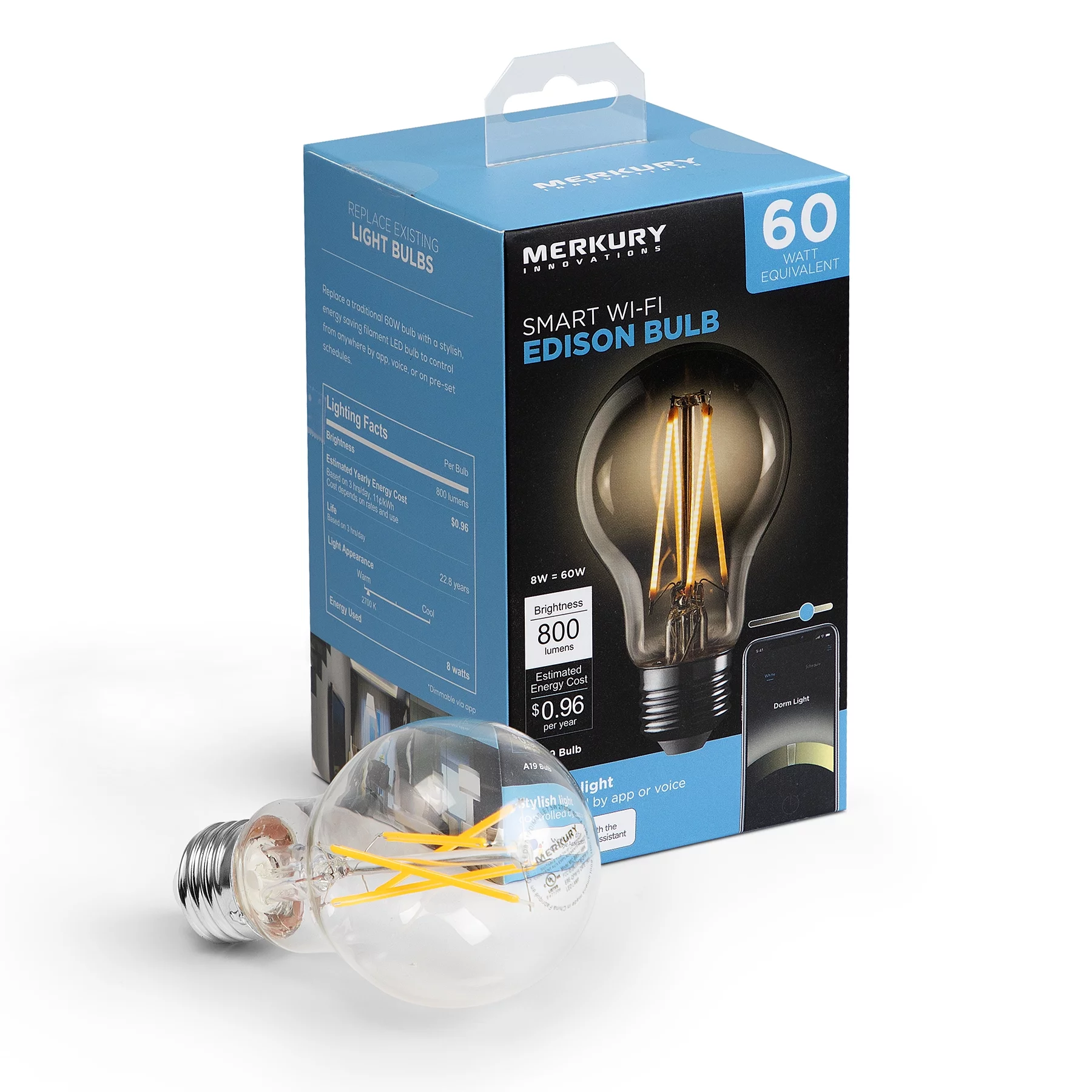 Merkury Innovations A19 WiFi LED Smart Bulb 60W Glass Vintage Edison Style, Requires 2.4GHz WiFi