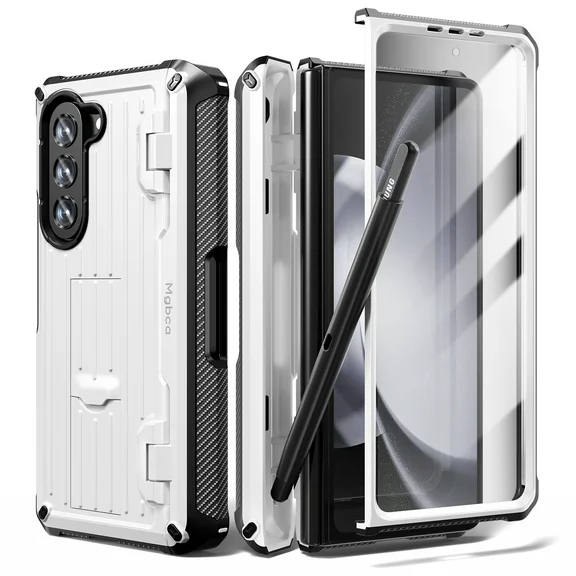 Mgbca Armor Luxury Case for Samsung Galaxy Z Fold 5, Shock-Proof, Dual-Layer, Inside S Pen Sleeve Holder, Built-in Screen Protector, Rugged, Heavy-Duty, Kickstand (White)
