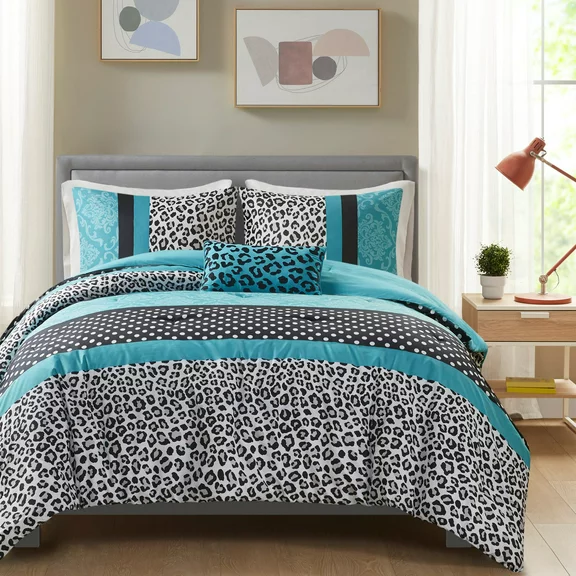 Mi Zone 4Pcs King/Cal King Comforter Set with Matching Sham and Décor Pillow, Polka Dot with Teal Leopard Print