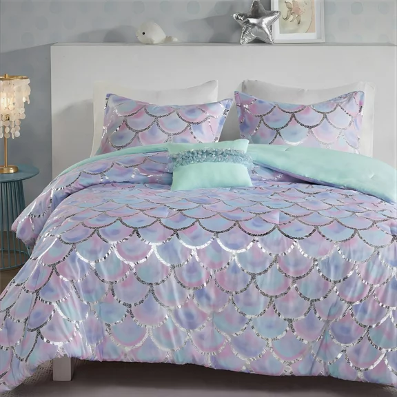 Mi Zone Full/Queen Reversible Comforter Set with Decor Pillow 4-Piece Metallic Printed Aqua/Purple