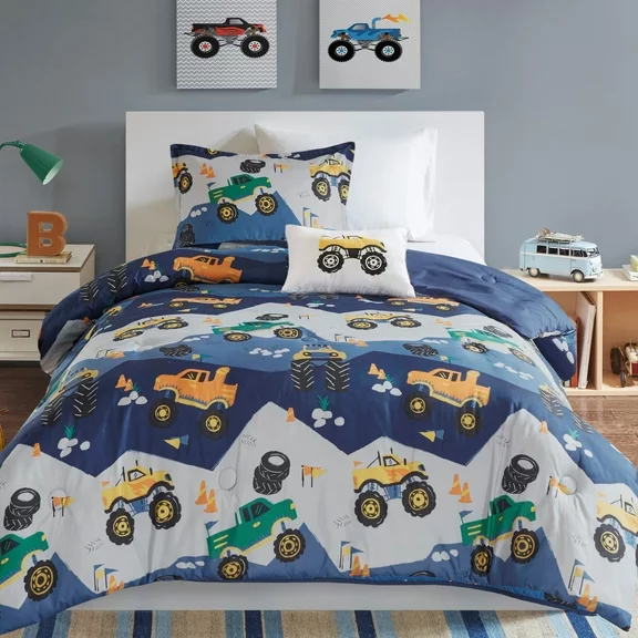 Mi Zone Kids Boys 4pcs Full/Queen Monster Truck Printed Comforter with Decor Pillow, All Season