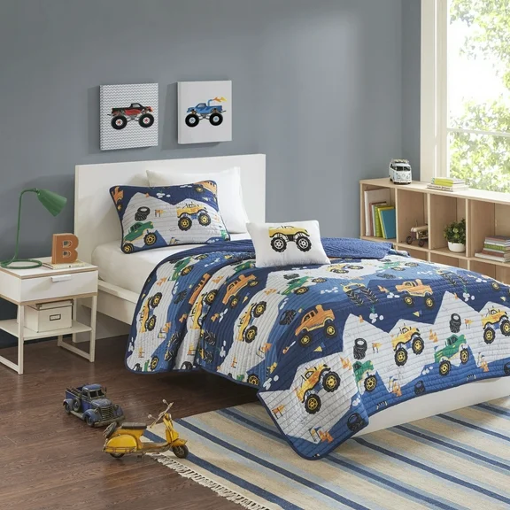 Mi Zone Kids Full/Queen Quilt Set with Throw Pillow 4-Piece Blue Monster Truck Reversible Bedspread