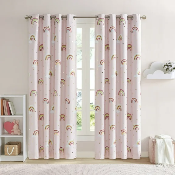 Mi Zone Kids Rainbow with Metallic Novelty Printed Total Blackout Window Curtain Grommet Top Panel in Pink, 50"W x 84"L