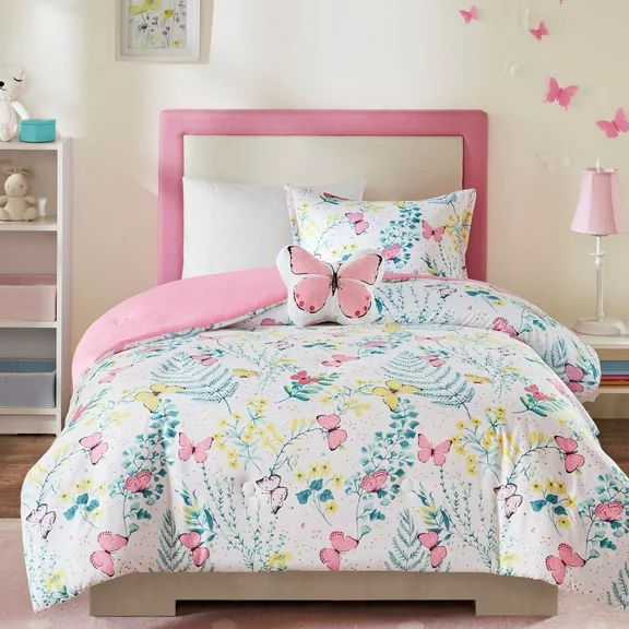 Mi Zone Kids Twin Girl Comforter Set with Decor Pillow Pink Floral Butterfly All Season Kids Bedding 3Pcs