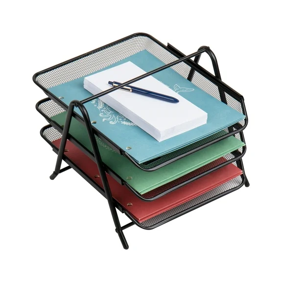 Mind Reader 3-Tier Paper Tray, Desktop Organizer, File Storage Metal, 11.5"L x 13.75"W x 10"H, Black
