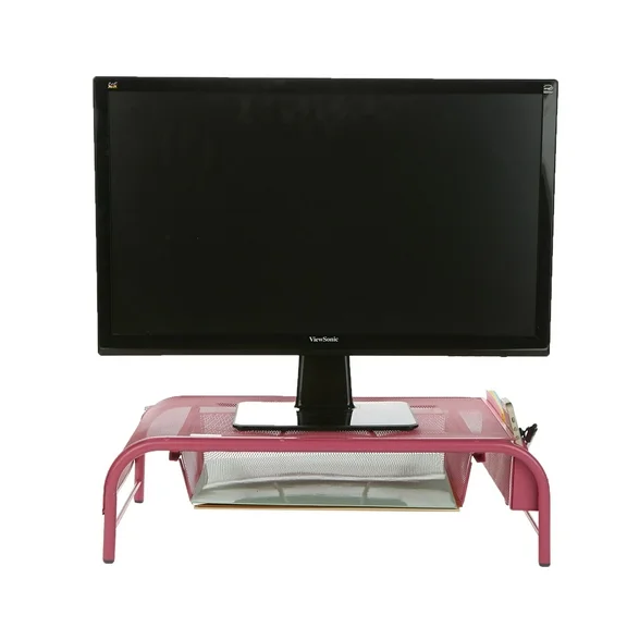 Mind Reader Monitor Stand, Ventilated Laptop Riser, Paper Tray, Storage, Office, Metal, Pink