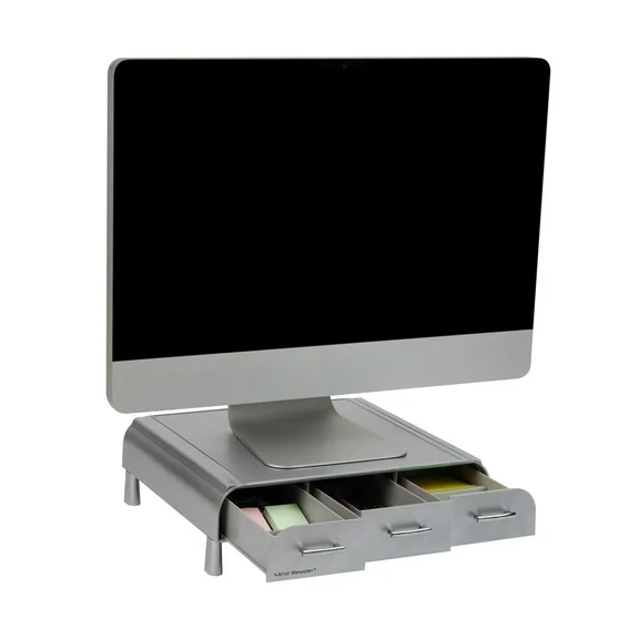 Mind Reader Plastic PC, Laptop Imac, Monitor Stand with Three Drawer Desk Organizer, Silver