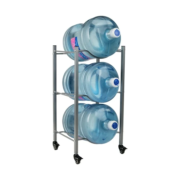 Mind Reader Water Jug Stand, Holds Three 5 Gallon Jugs, Wheels, Metal, 16.5"L x 13.75"W x 31"H, Gray
