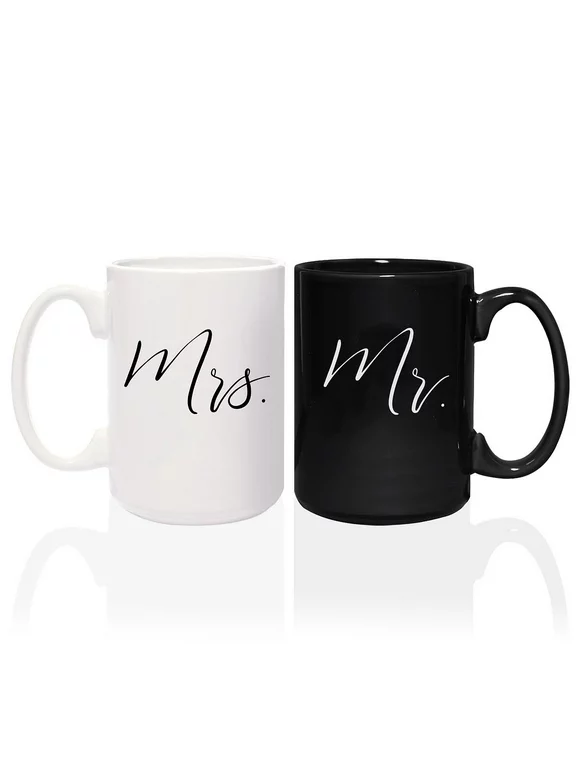 Mr And Mrs Matching Mugs / 2 Jumbo 15 Ounce White And Black Ceramic Mugs / Elegant Coffee Cup Gift Set / One Black Mug And One White Mug