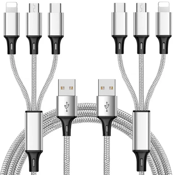 Multi Charging Cable, (2Pack 4FT) Multi USB Charger Cable Aluminum Nylon 3 in 1 Universal Multiple Charging Cord with Type-C/Micro USB Connectors for Most Phones & Tablets