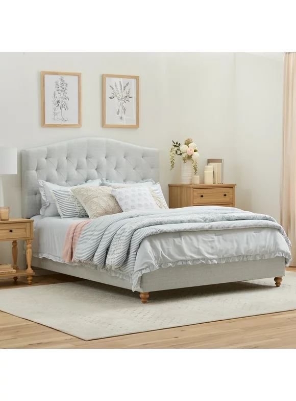 My Texas House Anna Upholstered Diamond Tufted Platform Bed, Queen, Light Gray
