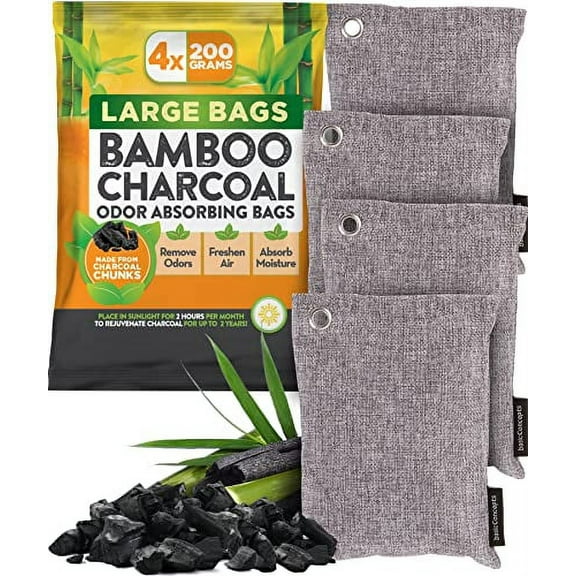 Nature Fresh Charcoal Bags Odor Absorber (Large, 4 Pack, 200g each), Reduce Odors Naturally with Bamboo Charcoal Air Purifying Bags for Car, Home, Closet, Shoe Deodorizer Eliminator Freshener Remover