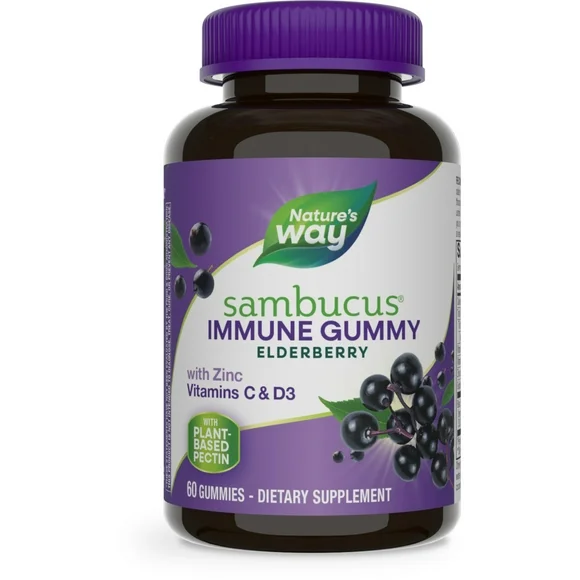 Nature's Way Sambucus Elderberry Immune Gummies, with Vitamins C, D3, & Zinc, Unisex, 60 Ct