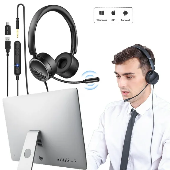 New Bee Computer Headsets with Mic USB Headset in-Line Volume Control Wired Headphones for Business