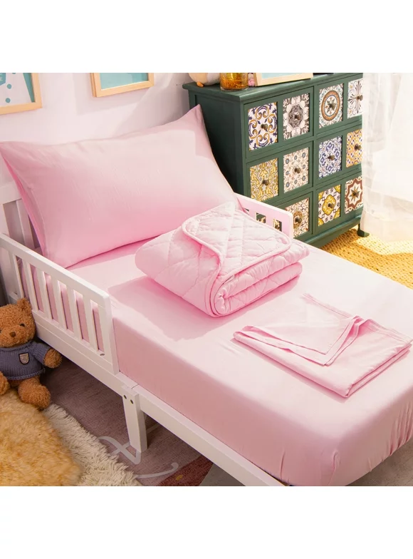 Ntbay 4 Piece Microfiber Toddler Bedding Set, Ultra Soft and Breathable Crib Sheet Set, Includes Quilted Comforter, Fitted Sheet, Flat Top Sheet and Envelope Pillowcase, Pink