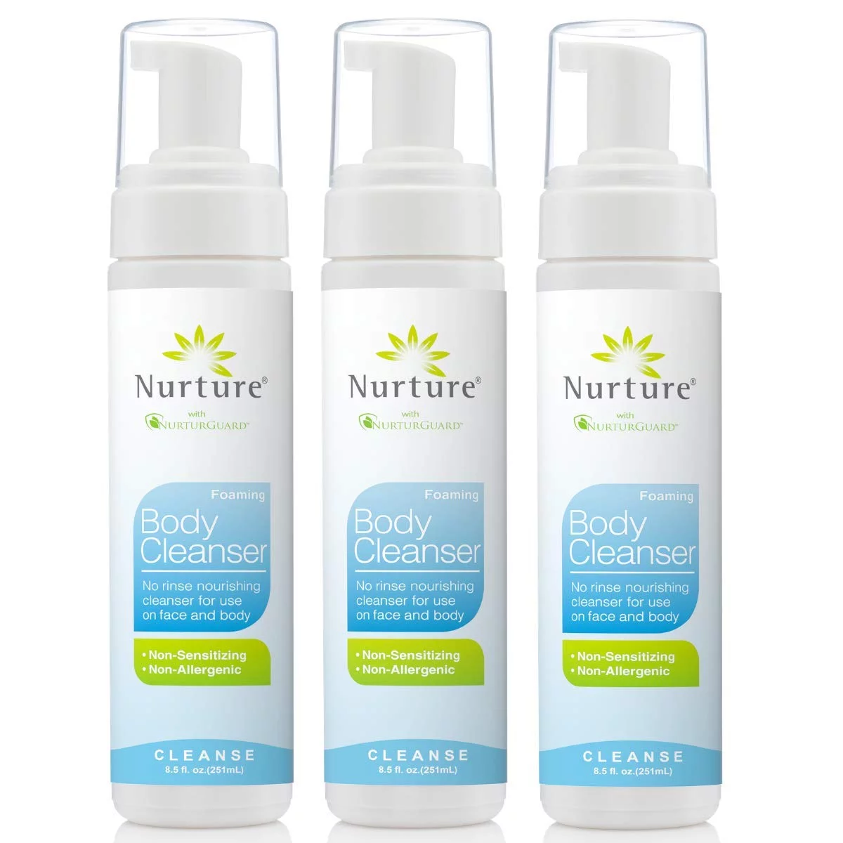 Nurture Valley No Rinse Body Wash, Full Body Cleansing Foam That also Moisturizes, and Protects Skin - Non-Allergenic - Non-Sensitizing - Rinse Free Wipe Away Cleanser - 3 Bottles