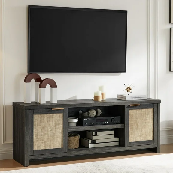 OAKHAM Rattan Tv Stands for TVs up to 65", Boho Entertainment Center with Doors, Midnight Oak