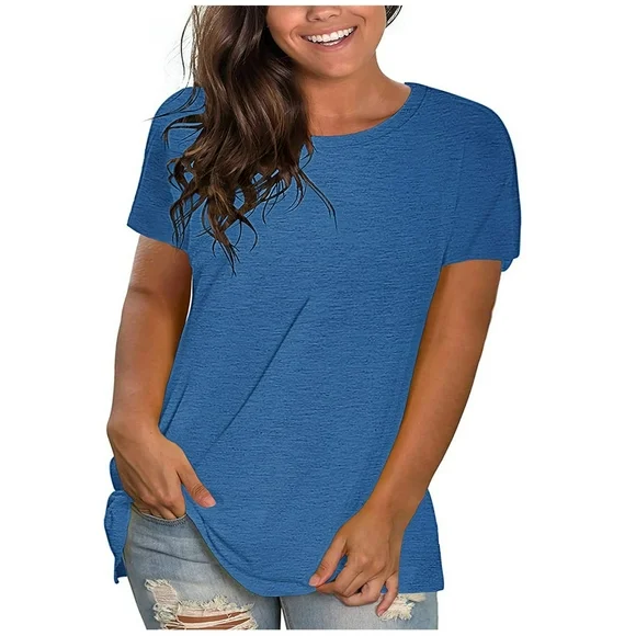 Oalirro Blue Blouses for Women Clearance $5 Ladies Tshirts Plus-Size Fashion Round Neck Short Sleeve T-shirt