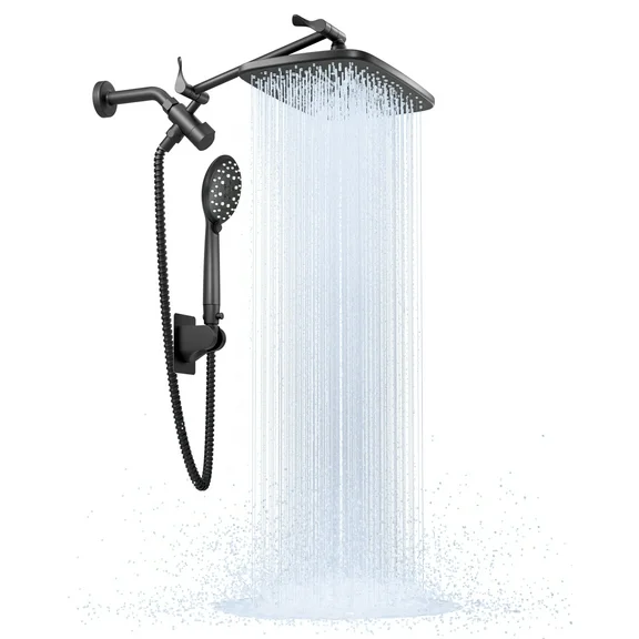 Ophanie 12 Inch High Pressure Rain Shower Head Combo with Adjustable Extension Arm - Wide Rainfall & 5 Spray Handheld Showerhead - Dual Anti-Clog Nozzles for Ultimate Shower Experience, Black
