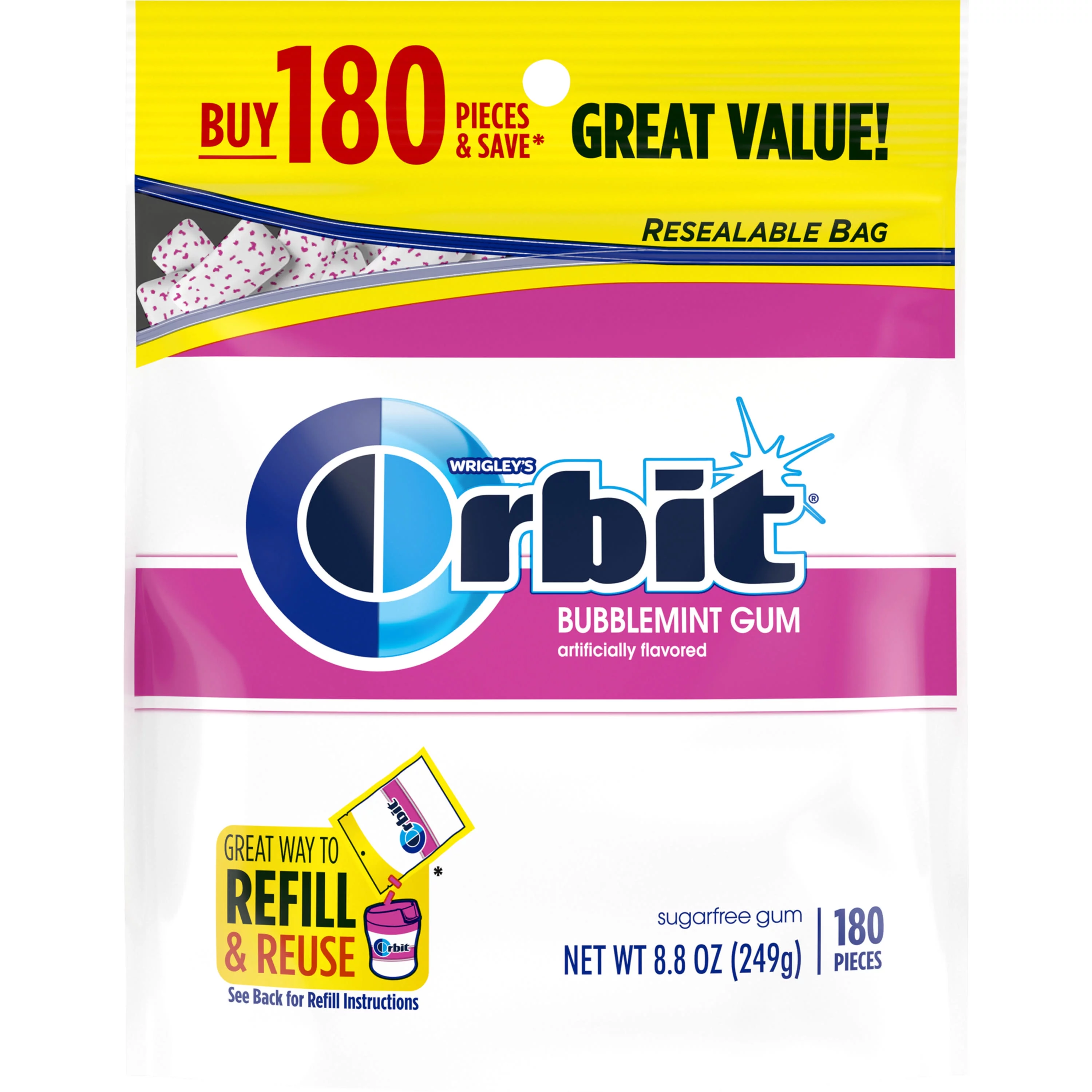 Orbit Bubblemint Sugar Free Chewing Gum, Value Pack - 180 Ct Bag