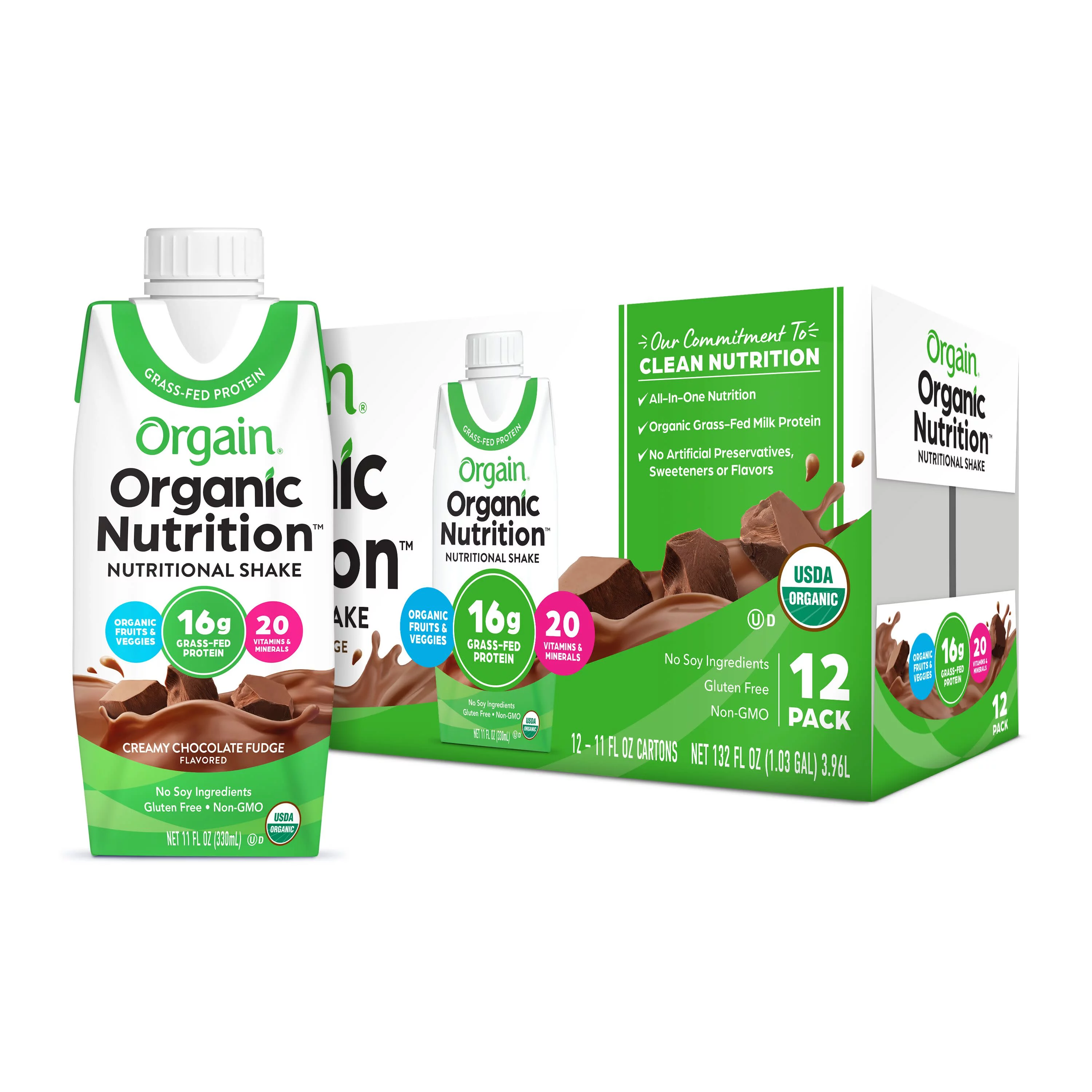 Orgain Organic Nutrition Shake, Grass Fed Protein, Creamy Chocolate Fudge 11oz, 12ct