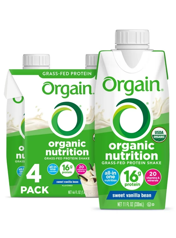 Orgain Organic Nutrition Shake, Grass Fed Protein, Vanilla Bean 11oz, 4ct