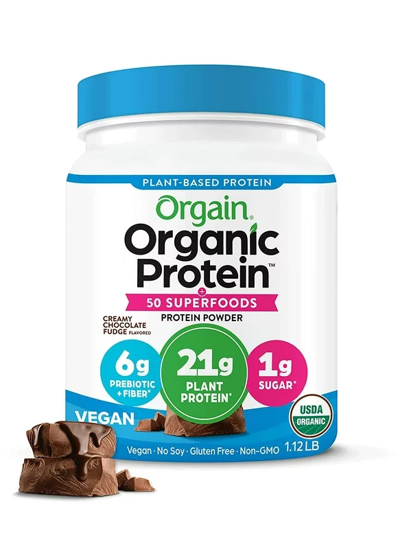 Orgain Organic Plant Based Protein + Superfoods Powder, Creamy Chocolate Fudge, 21g Protein, 1.12 lb