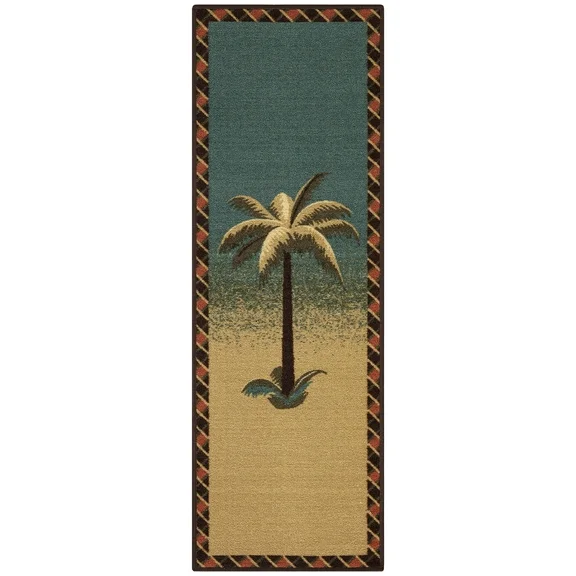 Ottomanson Machine Washable Non-Slip Rubberback Tropical Palm Tree 2x5 Kitchen Runner Rug, 20" x 59", Blue/Beige