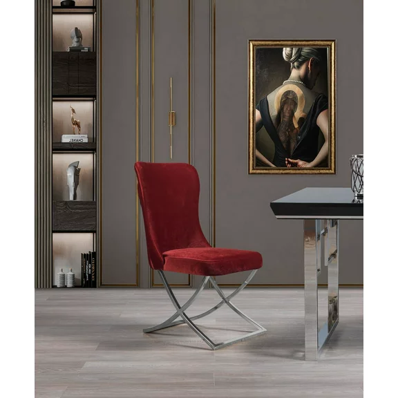 Ottomanson Royal Upholstered Modern Silver Legged Dining Chair, Set of 2, Burgundy
