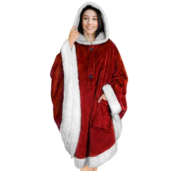 PAVILIA Angel Wrap Hooded Blanket, Sherpa Lined Wearable Blanket Women, Cozy Poncho Wrap Throw for Adult, Plush Warm Cape Shawl with Pockets Hood, Gift for Wife Mother, Wine Red