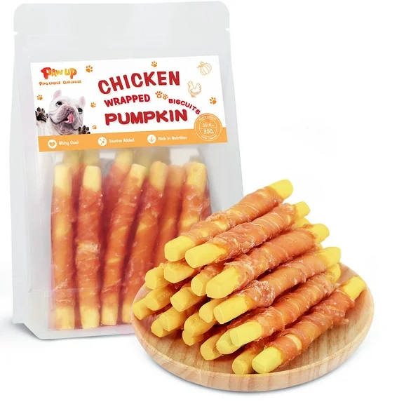 PAWUP Dog Treats Chicken Wrapped Pumpkin Sticks, Taurine Added, Rawhide FREE, Training Rewards Chew Snack for Dogs, 10.4oz