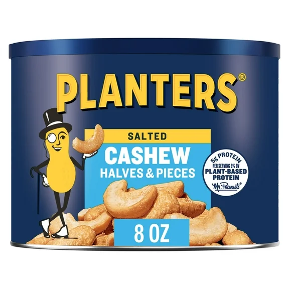 PLANTERS Salted Cashew Halves & Pieces, Party Snacks, Plant-Based Protein 8oz (1 Canister)