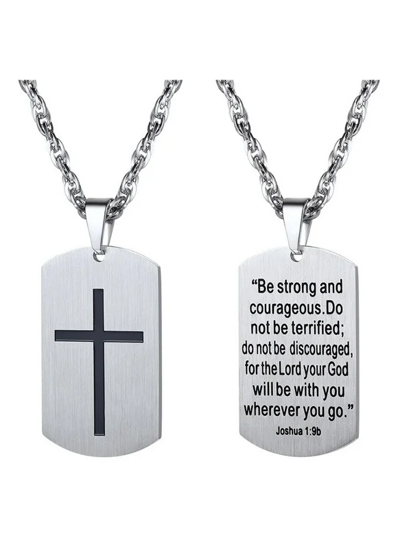 PROSTEEL Dog Tag Cross Necklace for Men Boys Stainless Steel Silver Pendant Chain Bible Verse Inspirational Religious Christian Jewelry Gifts, Military Tag with Words