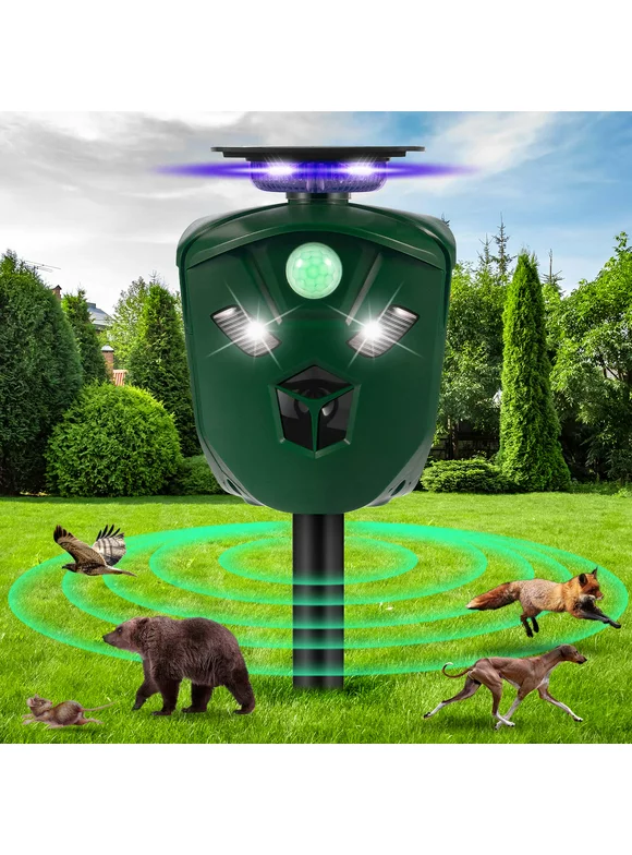 Paddsun Ultrasonic Animal Repeller Solar Powered Cat Repellent Outdoor Waterproof with Motion Sensor LED Flashing Light 360° Deer Repellent for Cat, Squirrels, Skunk, Fox, Raccoon, Rabbit