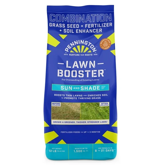 Pennington Lawn Booster Grass Seed and Fertilizer Mix, for Sun to Partial Shade, 12 lb.