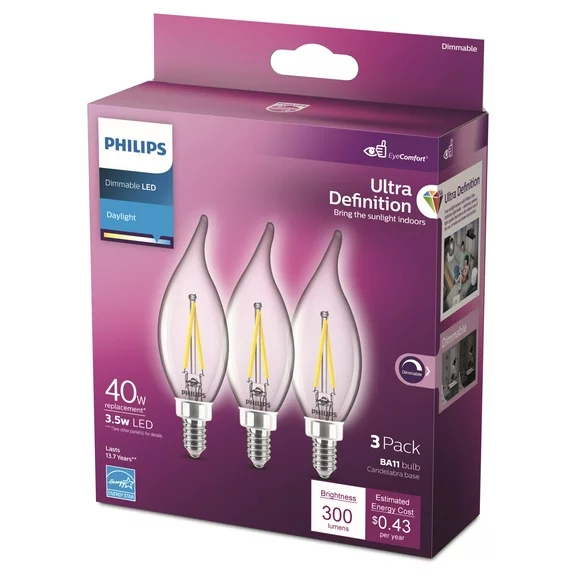 Philips Ultra Definition LED 40-Watt BA11 Filament Candle Light Bulb, Clear Daylight, Dimmable, E12 Candelabra Base (3-Pack)