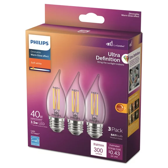 Philips Ultra Definition LED 40-Watts BA11 Filament Candle Light Bulb, Clear Soft White, Dimmable, E26 Medium Base (3-pack)